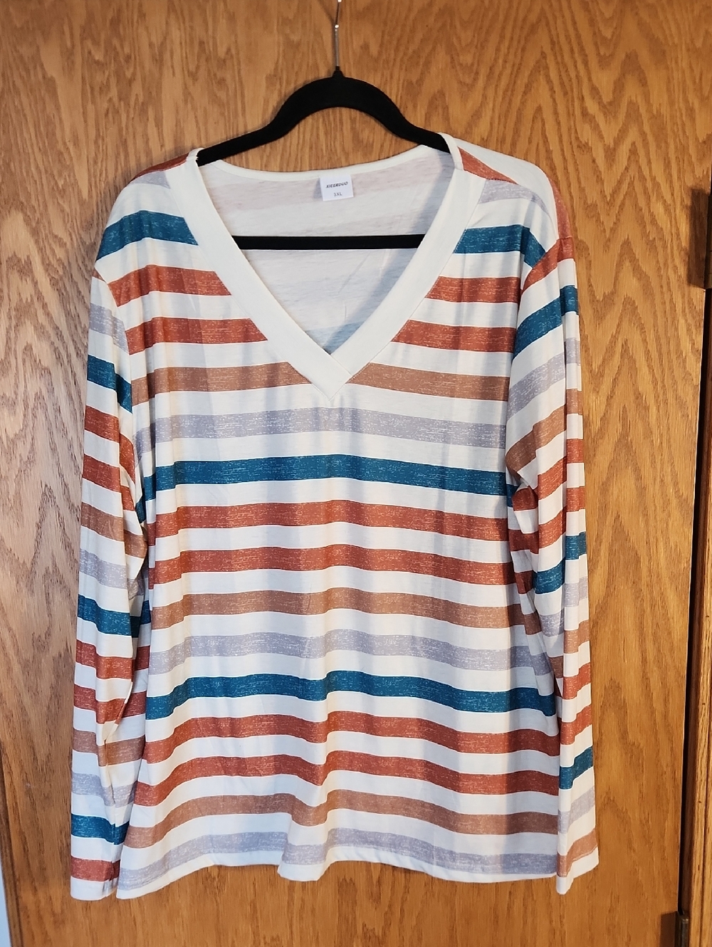 Striped V‑Neck Long Sleeve Top in Teal, Rust & Cream Size 3x, Brand Is Xieerduo